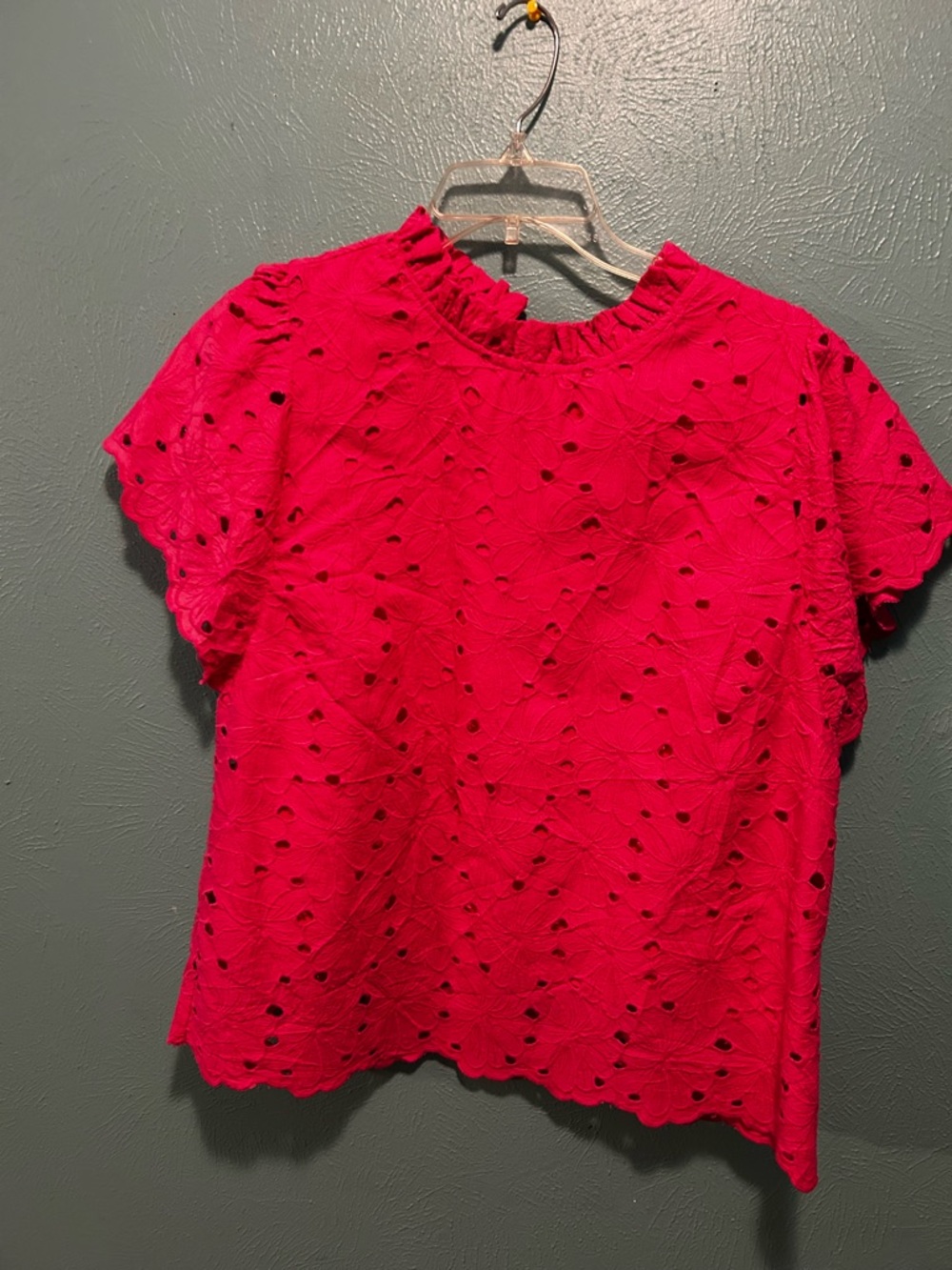 JODIFL Hot Pink Eyelet Ruffle Neck Short Sleeve Blouse